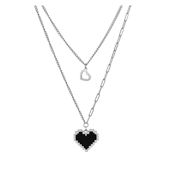 Double layer Pixel Black Heart Necklace2